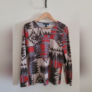 Ralph Lauren Southwestern Geometric Top, Women's XL, Tan, Brown, Grey & Red.